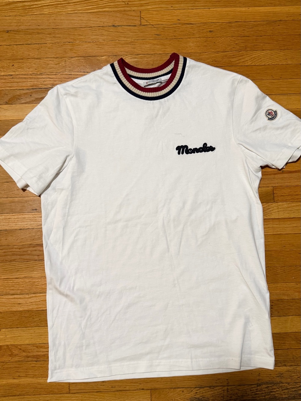 Moncler White Short Sleeve T-Shirt with Red & Navy Ribbed Collar